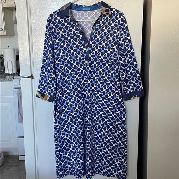 J. McLaughlin Large Elena Dress Navy Blue Essex Geo Catalina Cloth Pockets - Picture 4 of 6